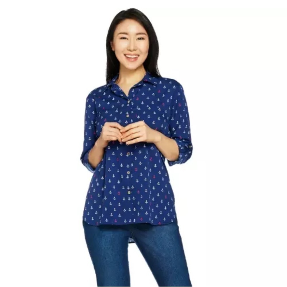 C. Wonder Women’s Anchor Print Button Front "Carrie" Blouse Navy Size 10
